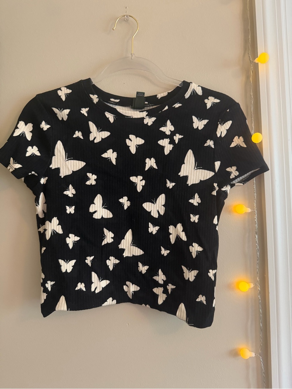 wild fable Black Ribbed Crop Top with White Butterfly Motif